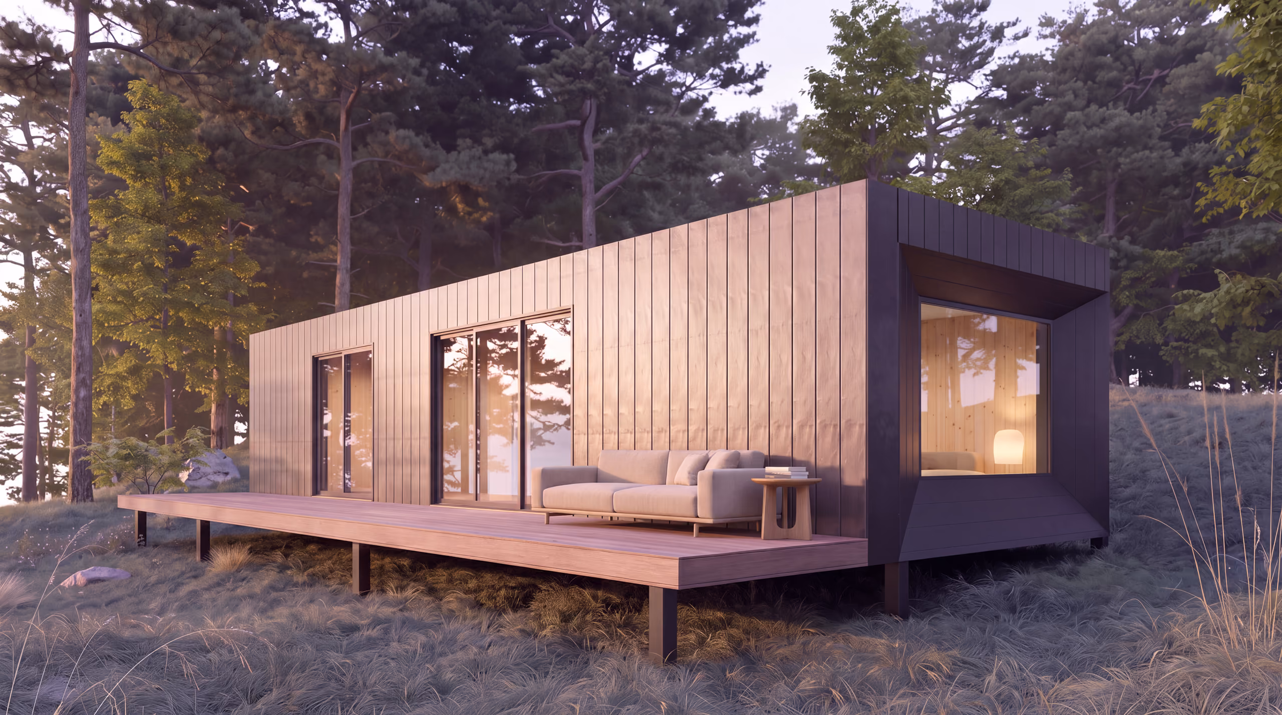 Studio de jardin haut de gamme Howner posé dans une clairière boisée